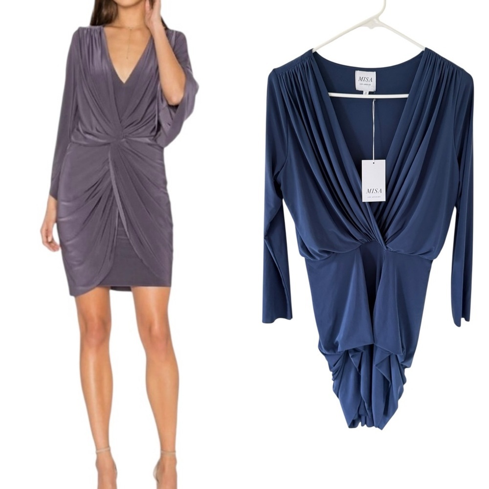 MISA Los Angeles Navy Twist-Front Long Sleeve Dress